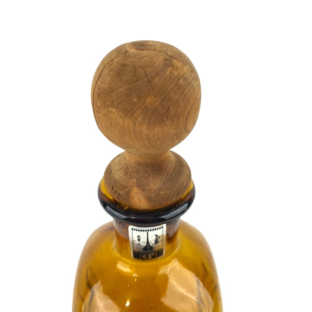 Amber Liquor Bottle of Sancho Panza Wood Cork Top Empty Nickel Silver Relief 12" - Picture 8 of 9